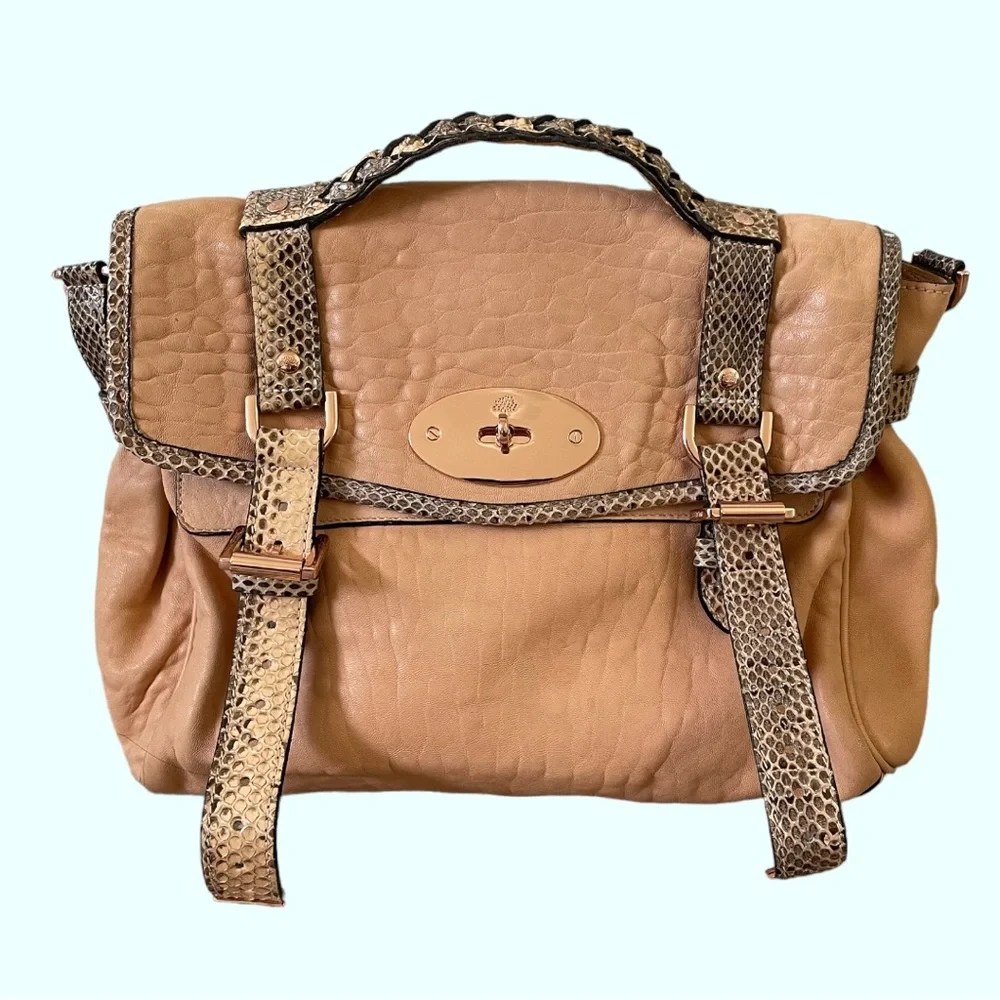 Mulberry Beige Leather Satchel with Snakeskin-Trim